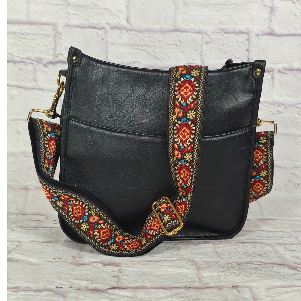 Viva Terry Black Faux Leather Crossbody Bag Embroidered Guitar Strap
